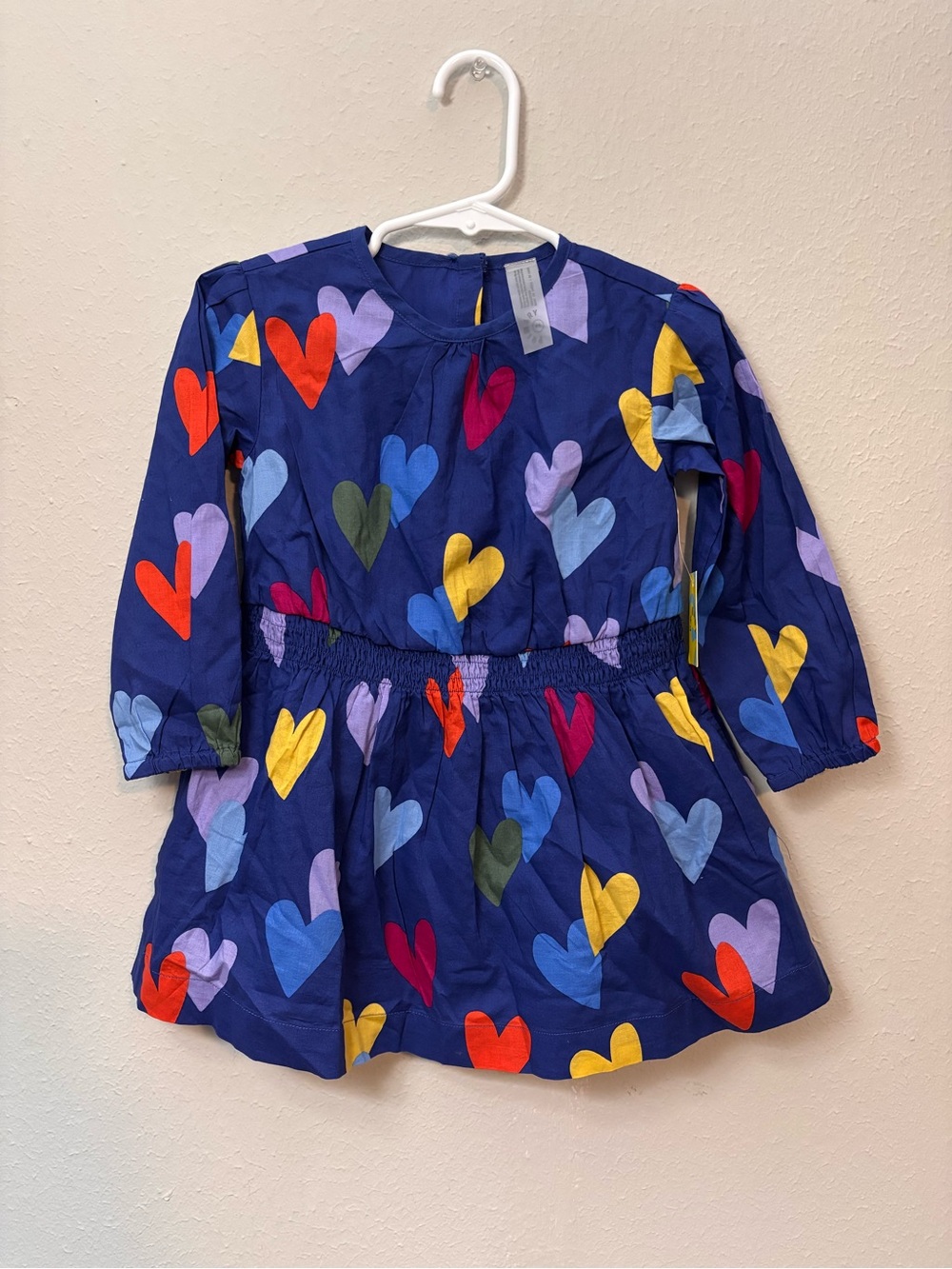 Primary Smocked Waist Dress Cobalt Heart Print Long Sleeve Dress 2t NWT